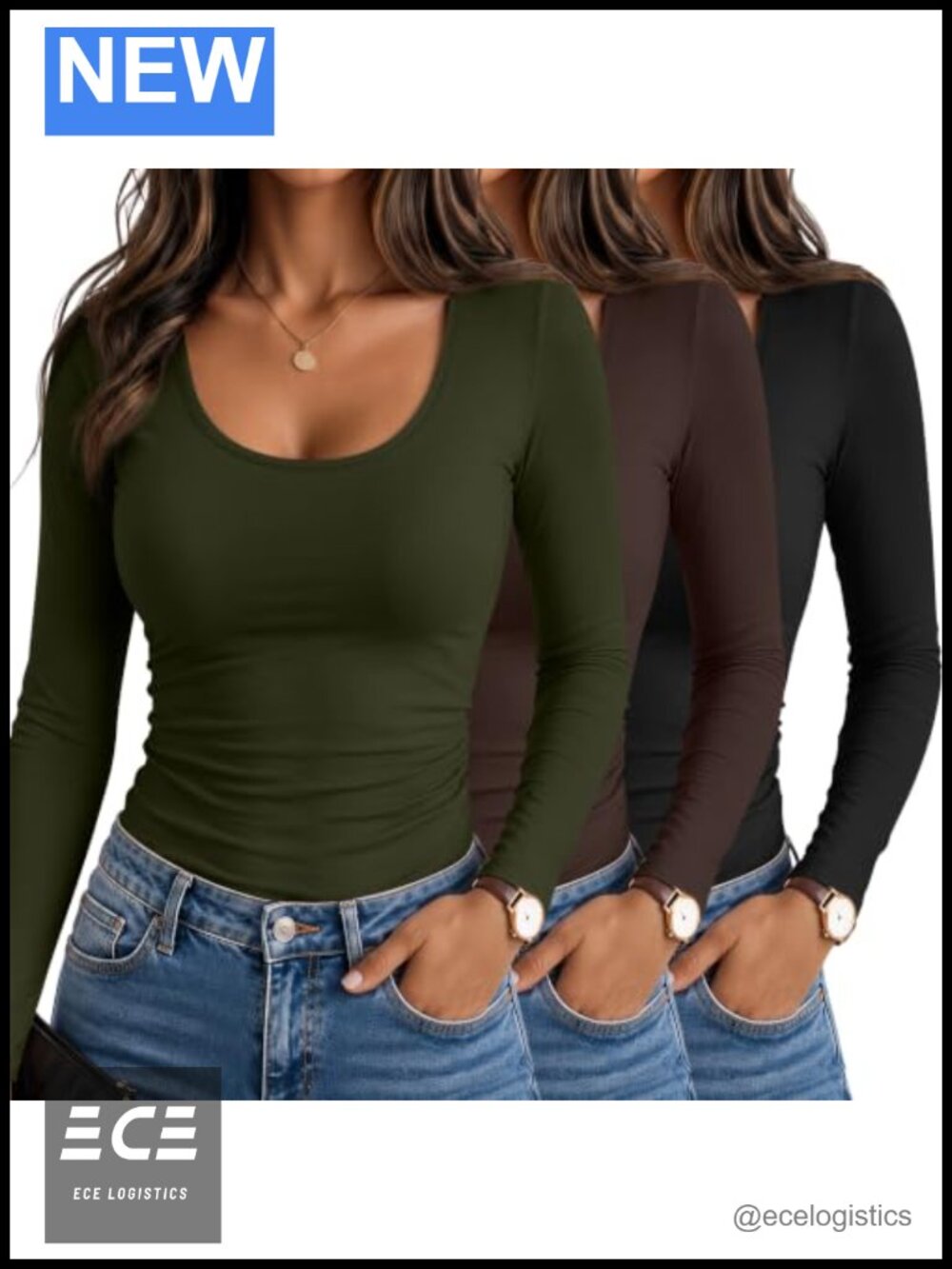 Women's Long Sleeve Scoop Neck Fitted T-Shirt 3 Pack Cotton Blend Stretch Tops